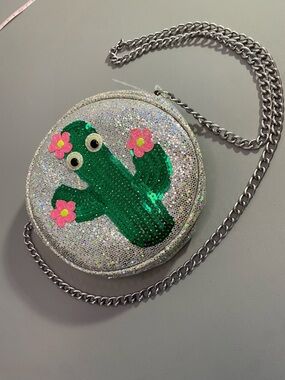 Childen’s Place Silver Sequin Round Crossbody with Green Cactus and Pink Flowers